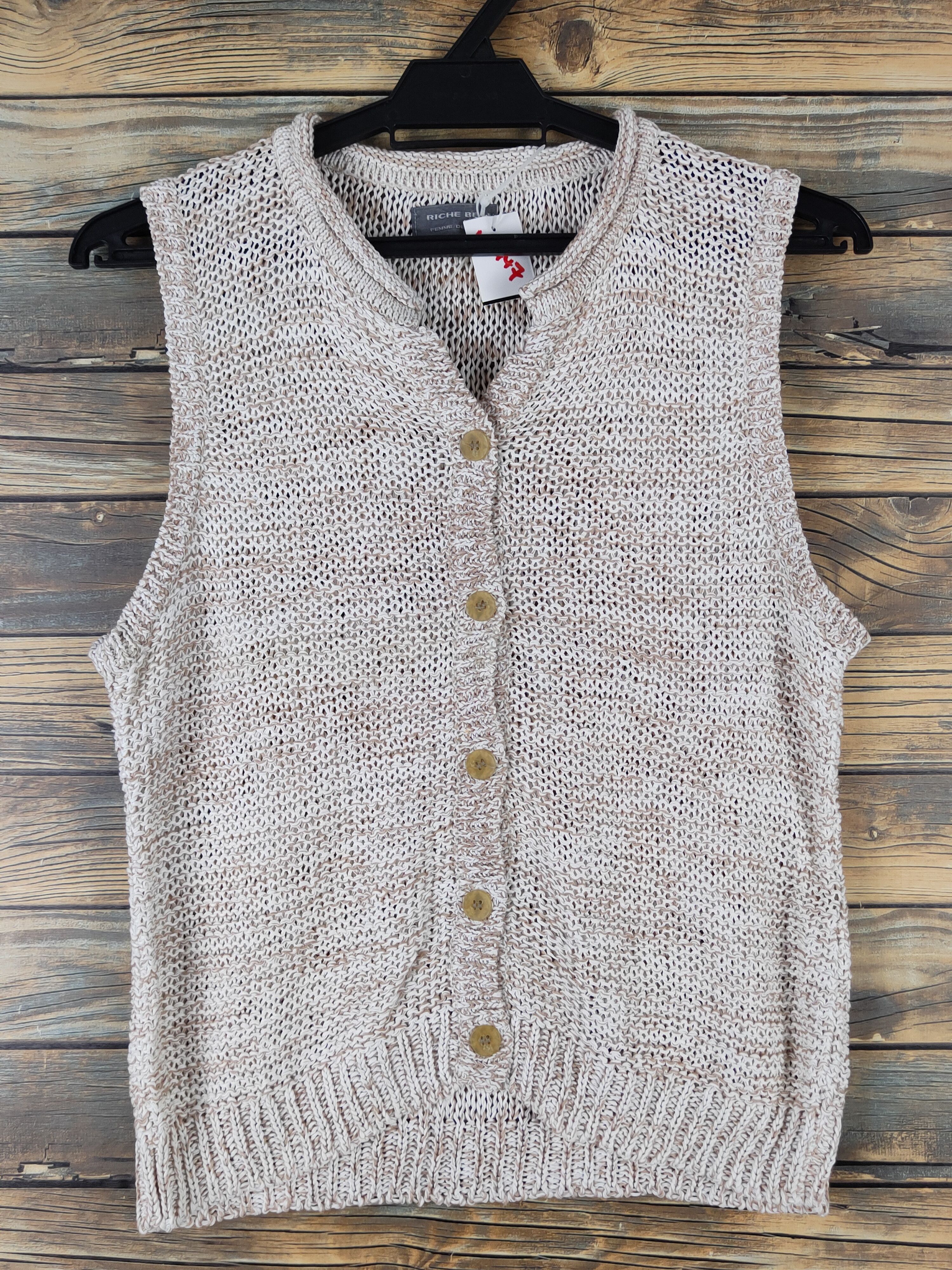 Aran Isles Knitwear Riche Beau Light Brown crochet meshnet Knitwear Vests #W1447 Size S / US 4 / IT 40 - 1 Thumbnail