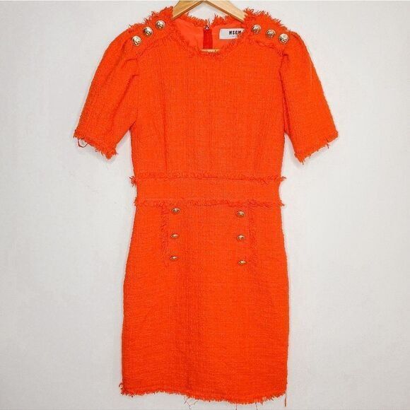 MSGM MSGM Milano Red Orange Bouclé Tweed Frayed Detail Sheath Min Size M / US 6-8 / IT 42-44 - 2 Thumbnail