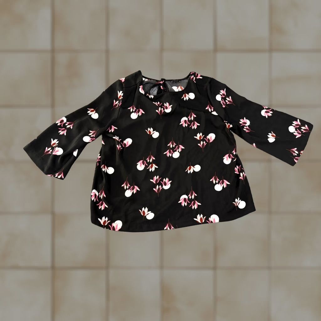 Ann Taylor Blouse Womens Large Petite Black Floral Off Shoulder Long Sleeve, Women's