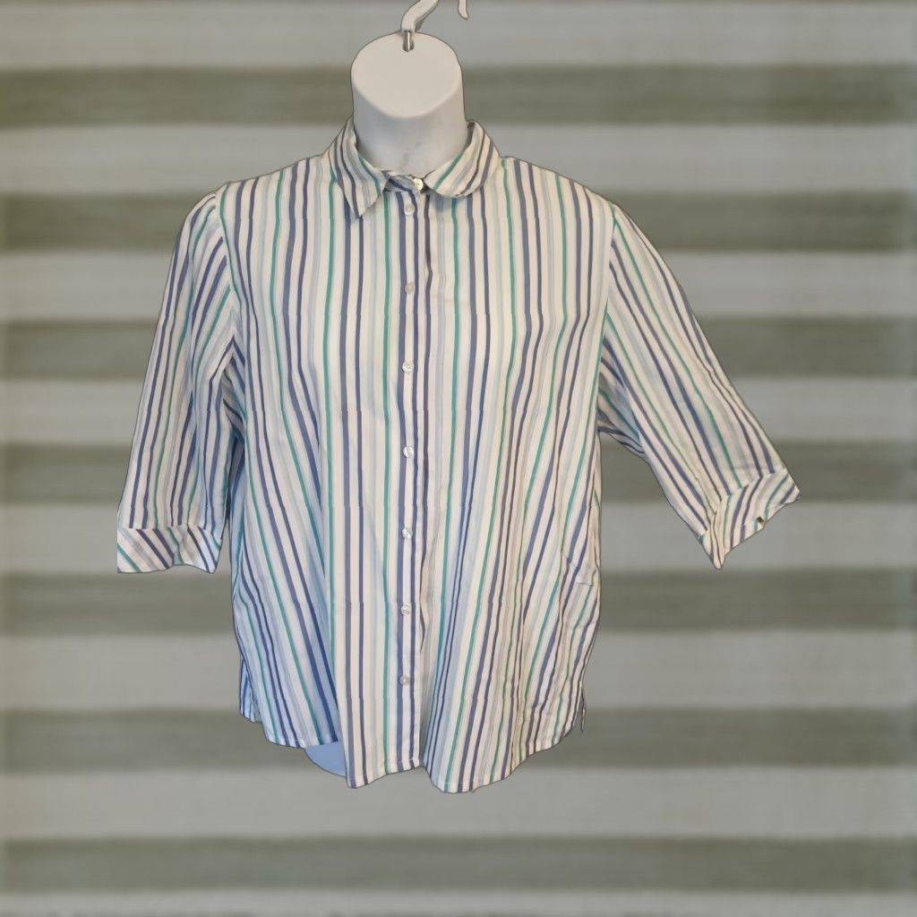 Vintage Vintage Allison Daley White Blue Stripe Button Up Top Shirt 16 Blue Cotton Blend 1980s Womens Shirt Size XXL / US 16-18 / IT 52-54 - 1 Thumbnail