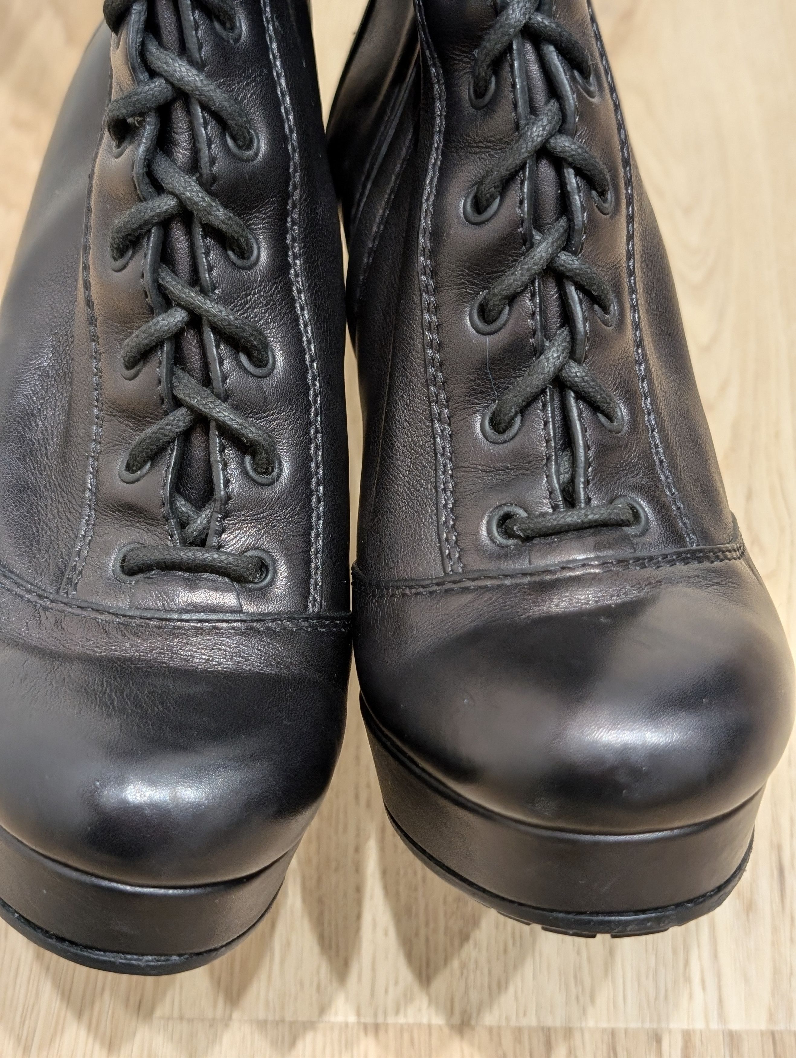 Gucci GUCCI Black Leather Wool Rrib Knee Platform Boots Lace Up Size US 4.5 / IT 34.5 - 11 Thumbnail