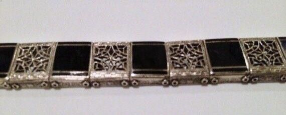 Designer Art Deco Sterling Silver Filigree & Black Enamel Bracelet Size ONE SIZE - 3 Thumbnail