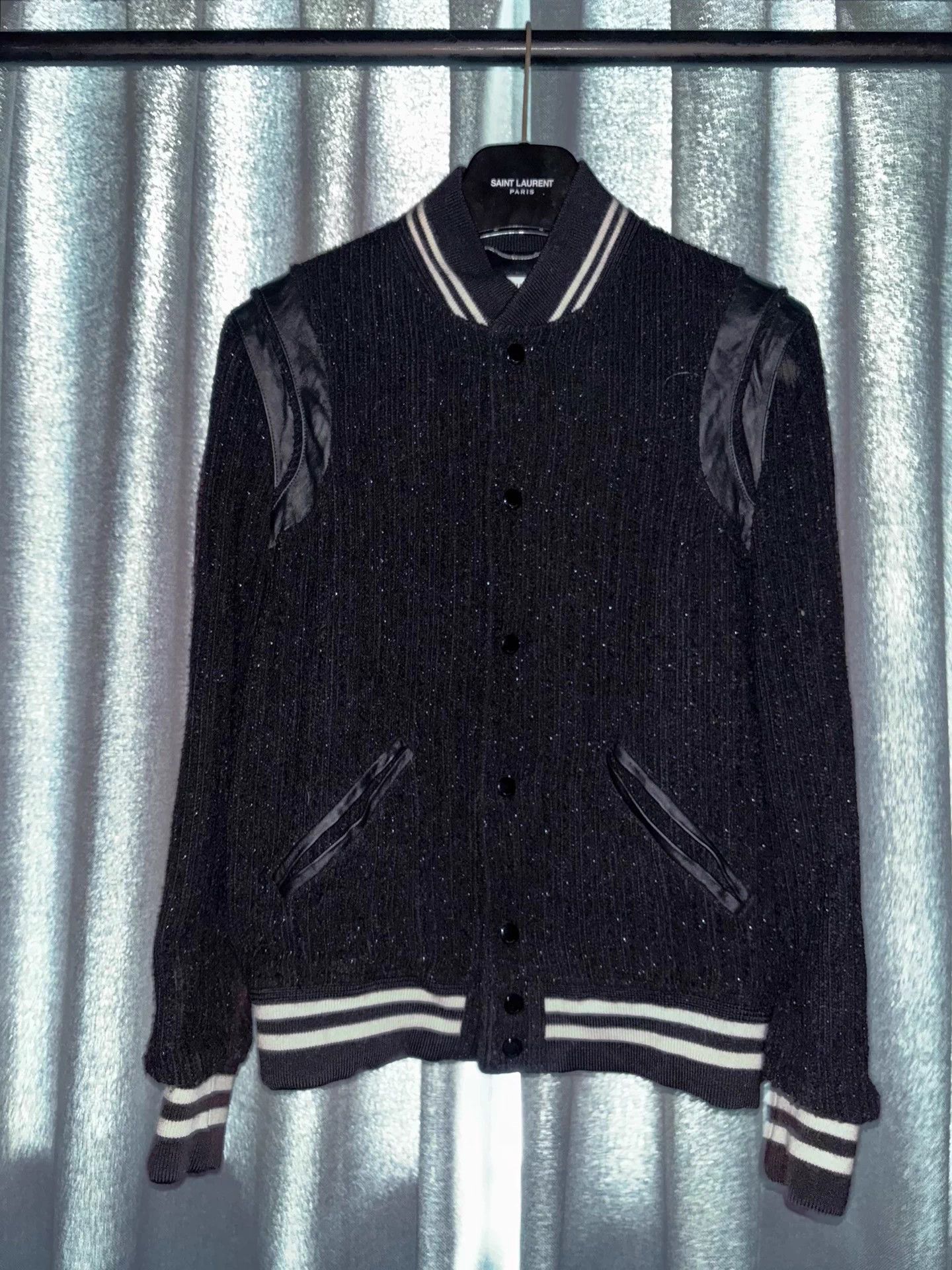 Saint Laurent SLP 2022FW Black Glitter Baseball Jacket