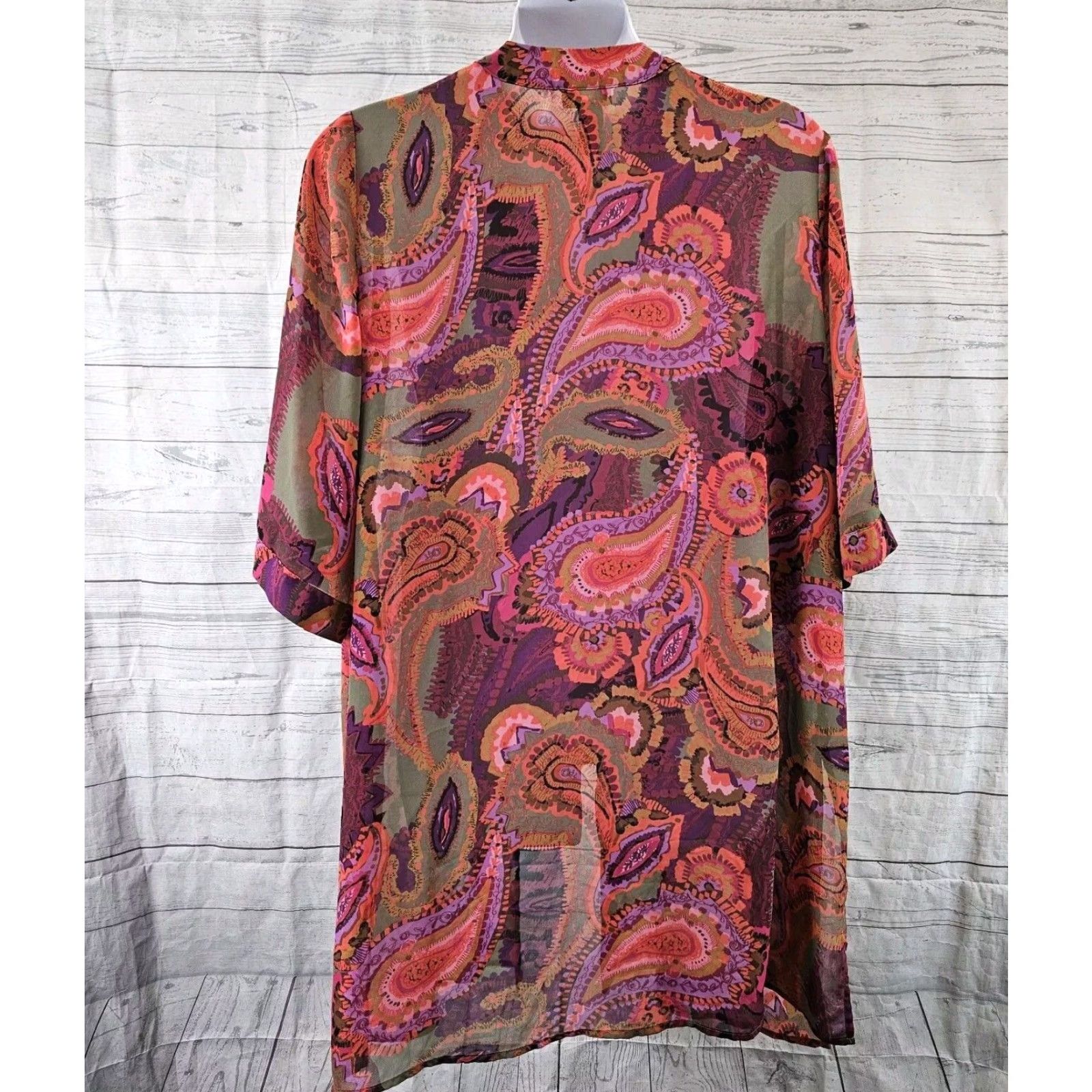 Vintage Catherines Blouse Kimono 1X Womens Purple Pink Paisley Sheer 3/4 Sleeve Polyester Size XL / US 12-14 / IT 48-50 - 4 Thumbnail