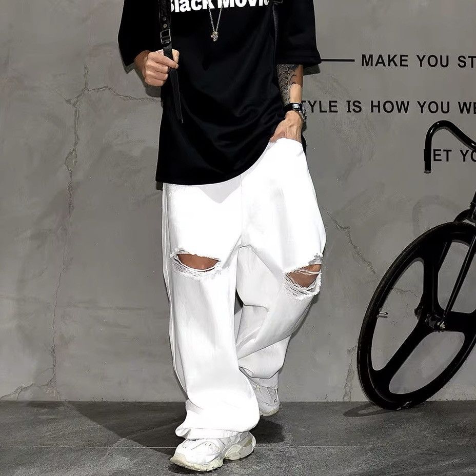 Designer × Vintage Streetwear Baggy Straight Hole Distressed Jeans Size US 34 / EU 50 - 2 Thumbnail