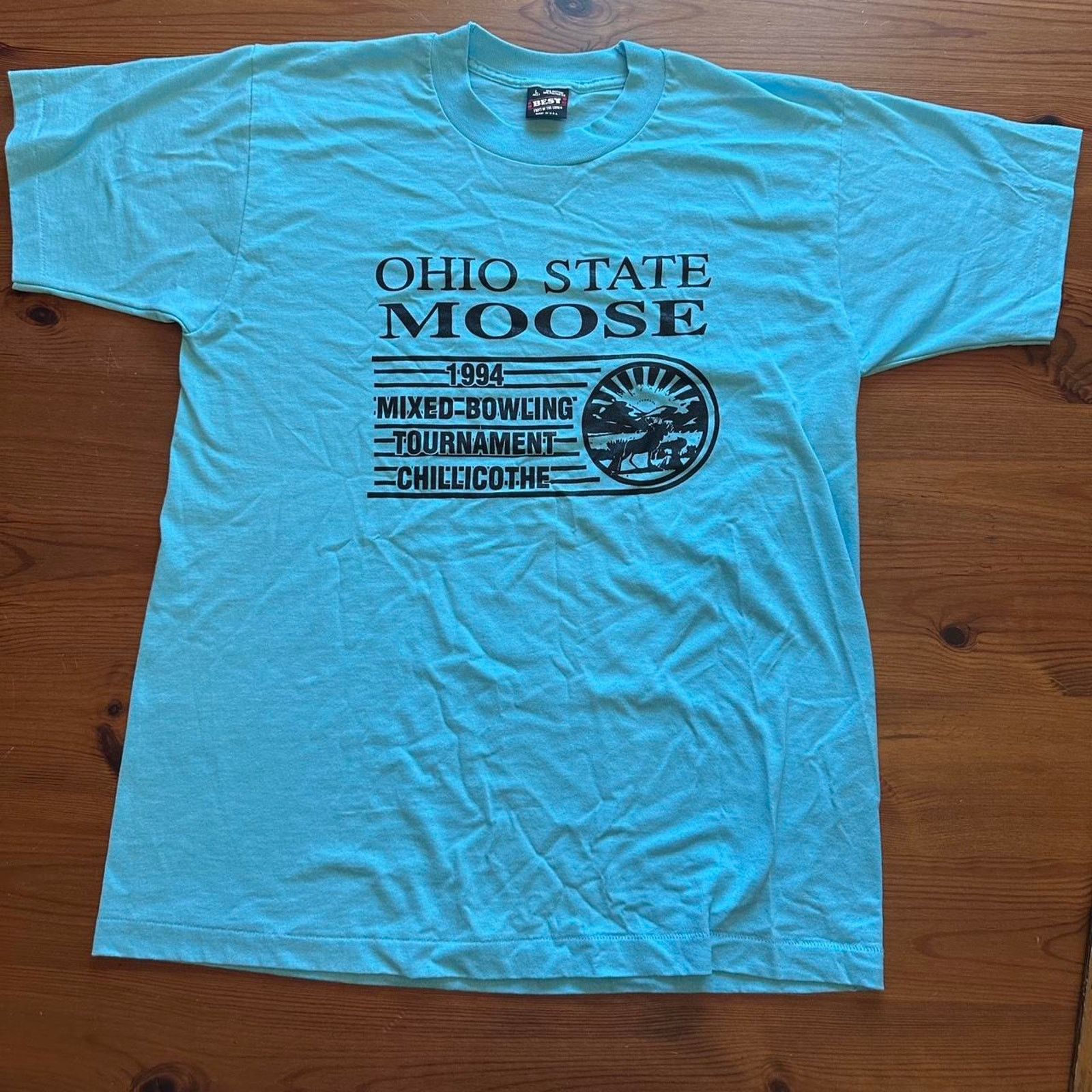 Fruit Of The Loom Vintage L single stitch Moose Lodge Bowling Ohio T Shirt Size US L / EU 52-54 / 3 - 1 Thumbnail