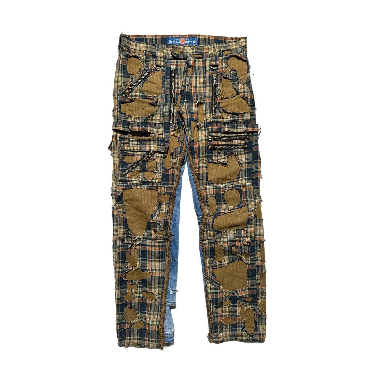 image of Blackmeans Shredded Boro Patchwork Plaid Cropped Cargo Denim in Blue, Men's (Size 29)