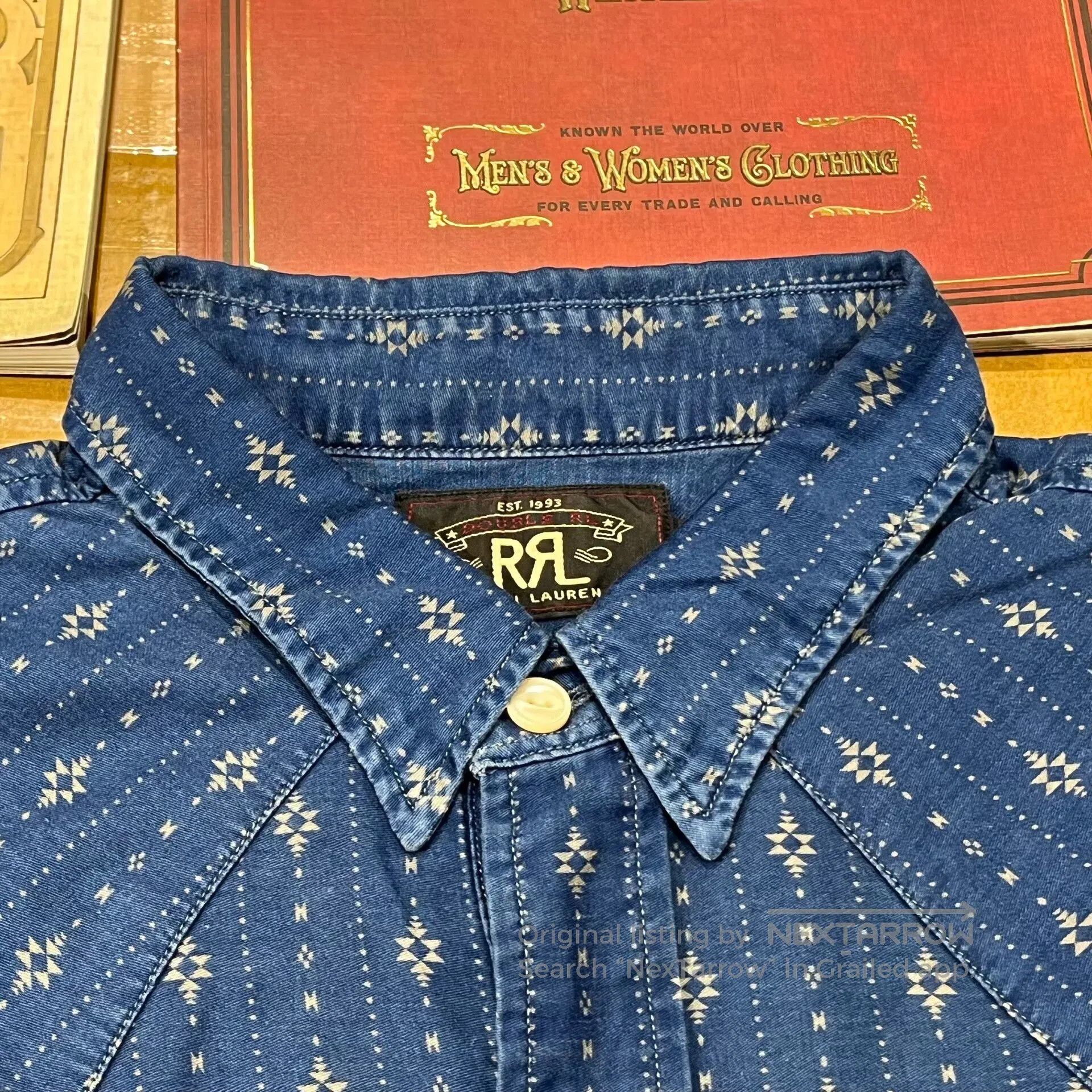 RRL Ralph Lauren RRL Rare Indigo Dyed Print Shirt. Size US M / EU 48-50 / 2 - 7 Thumbnail