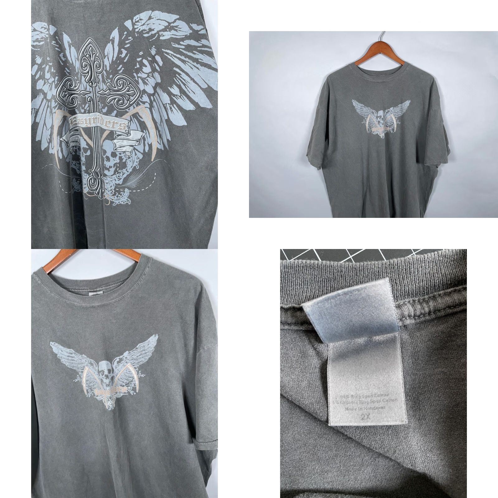Vintage Authentic Pigment T-Shirt Adult 2X Gray Skulls Wings Biker Print Shirt Mens Regular Crew Neck Short Sleeve Graphic Print Size US XXL / EU 58 / 5 - 8 Thumbnail