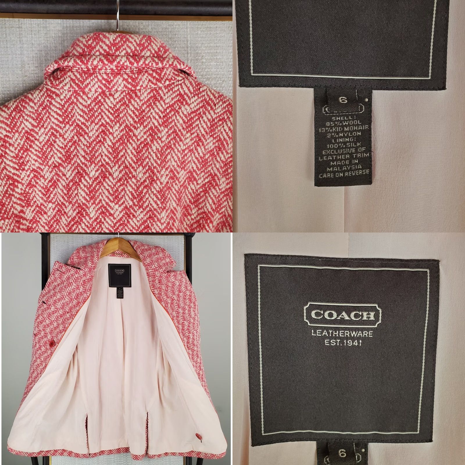 Coach COACH Womens Pea Coat Jacket Pink White Herringbone Wool Mohair Silk Lined Double Breasted Notch Front Pockets Size 6 Womens Size M / US 6-8 / IT 42-44 - 8 Thumbnail