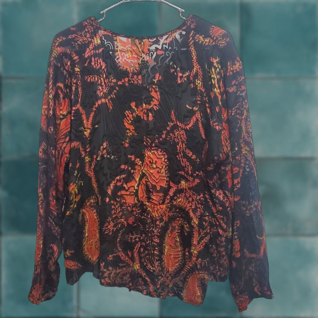 Vintage VINTAGE URU Top Women OS Black Layered Silk Blend Boho Paisley Burnout V-Neck Long Sleeve Boxy Relaxed Fit Pullover Size ONE SIZE - 1 Thumbnail