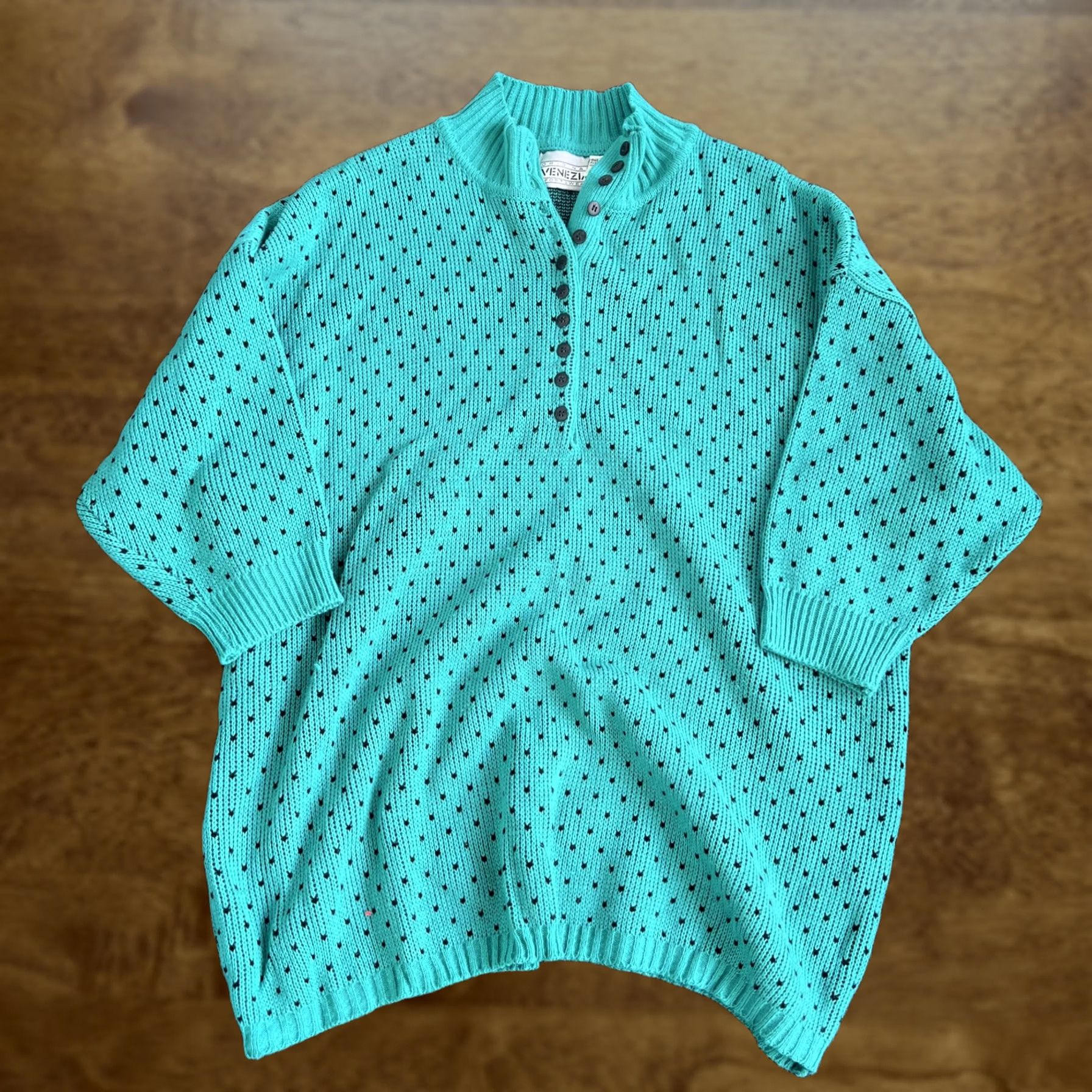 Vintage VINTAGE Venezia Sweater Womens One Size Blue Mock Neck Henley Chunky 3/4 Sleeve Size ONE SIZE - 1 Thumbnail