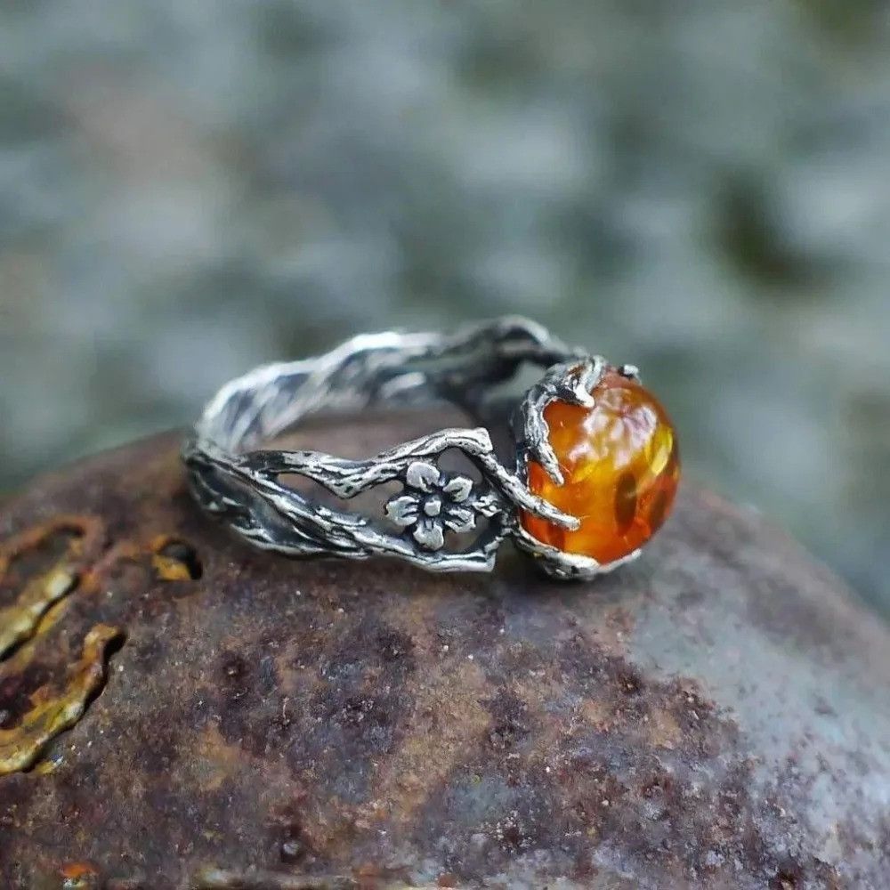 Jewelry x Vintage Retro Amber Stone Ring in Silver, Men's
