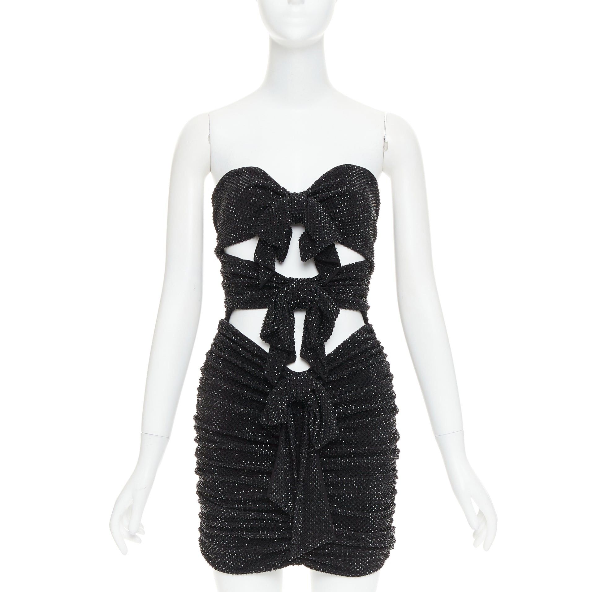 Alexandre Vauthier ALEXANDRE VAUTHIER black strass crystal bow tie cut out ruched mini dress Size S / US 4 / IT 40 - 1 Thumbnail