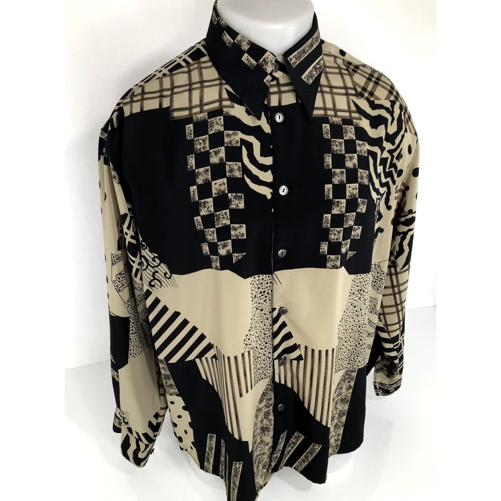 Vintage SANGI USA - 1990s Vintage Geometric Mens Shirt Md/Lg - Button-Up Long Sleeve Black / Tan Mens Size US M / EU 48-50 / 2 - 3 Thumbnail