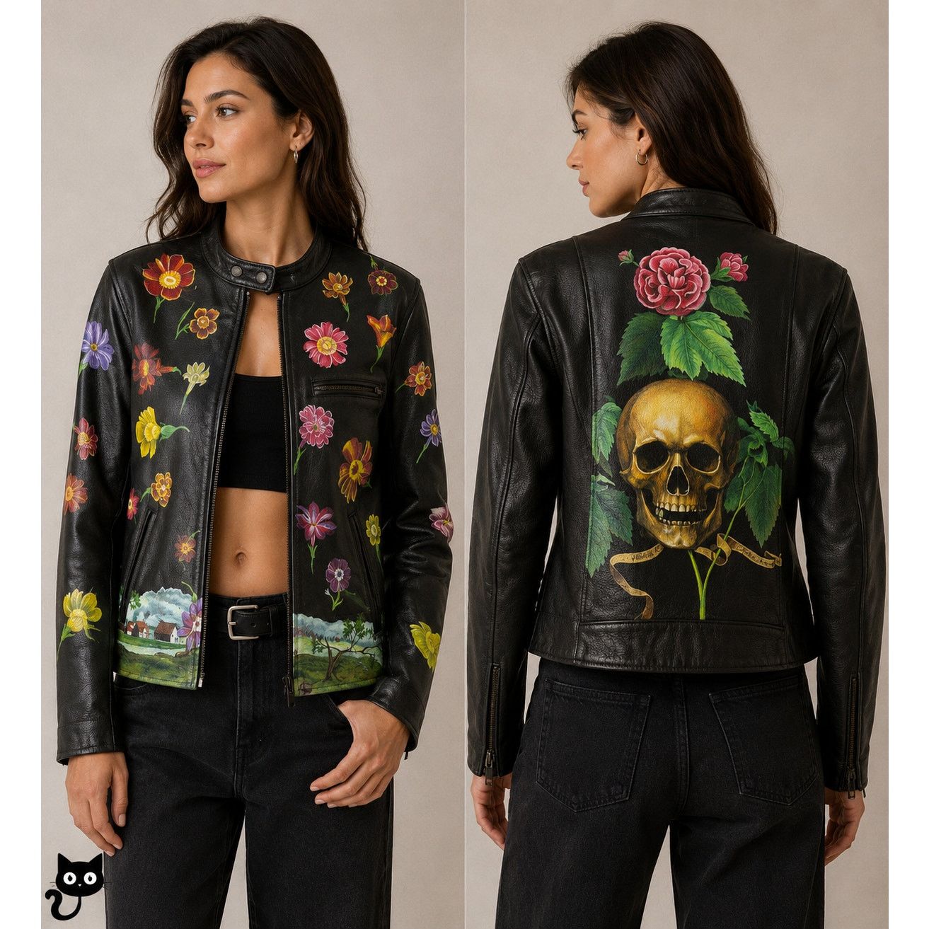 Libertine Libertine Hand-Painted Floral Skull Black Leather Jacket M Size M / US 6-8 / IT 42-44 - 3 Thumbnail