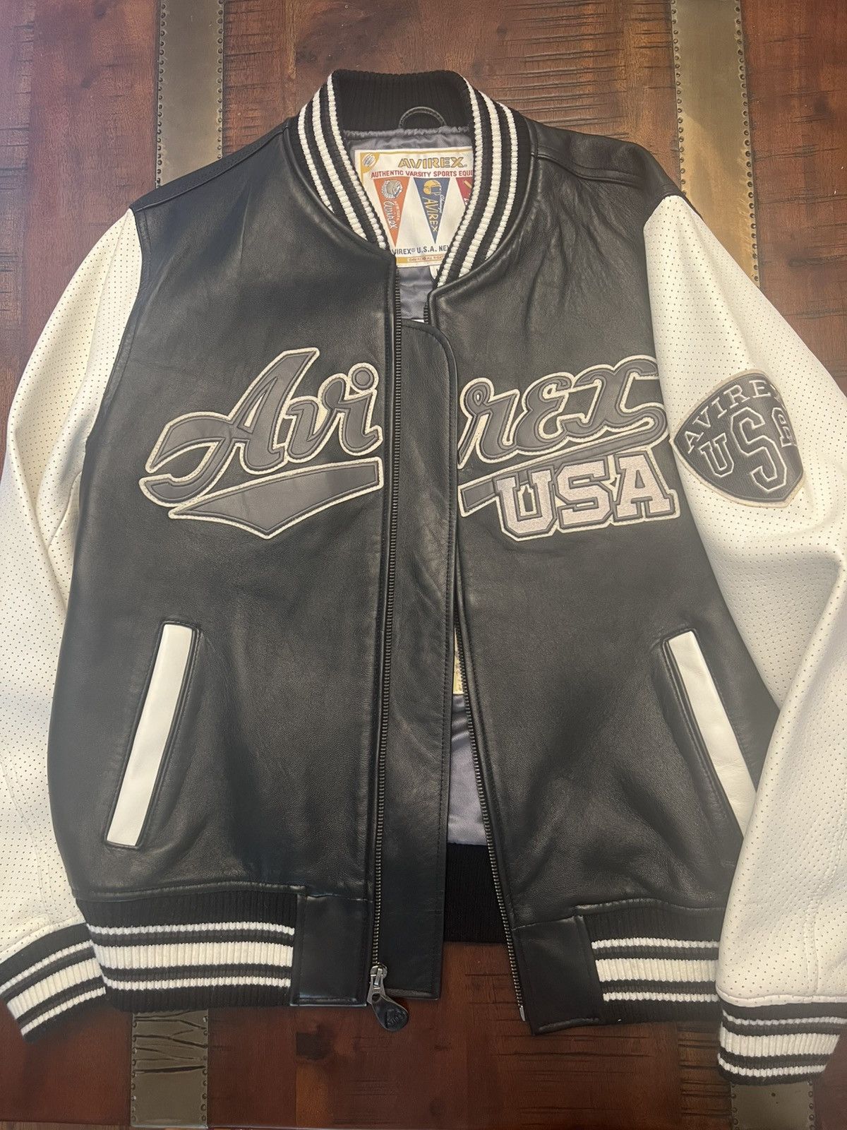 Avirex Avirex Black & White Leather Varsity Jacket Size US L / EU 52-54 / 3 - 1 Thumbnail