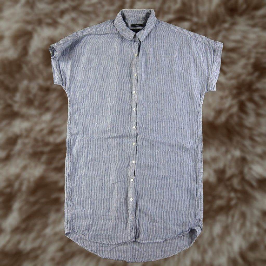 VINTAGE Tahari 100% Linen Blue White Striped Collared Midi Shirt