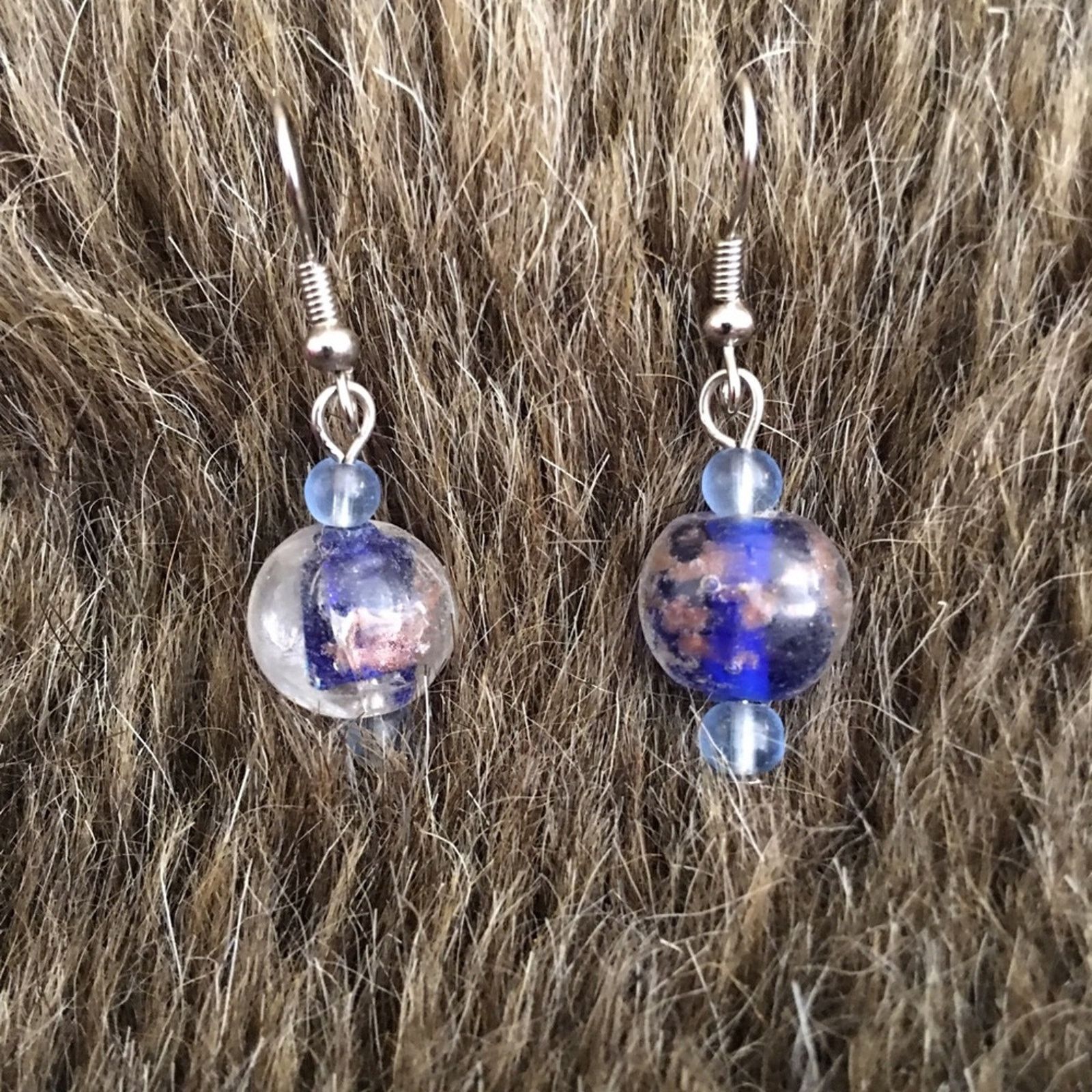 Jewelry Blue Tone Art Glass Bead Dangle Fish Hook Earrings, Women's