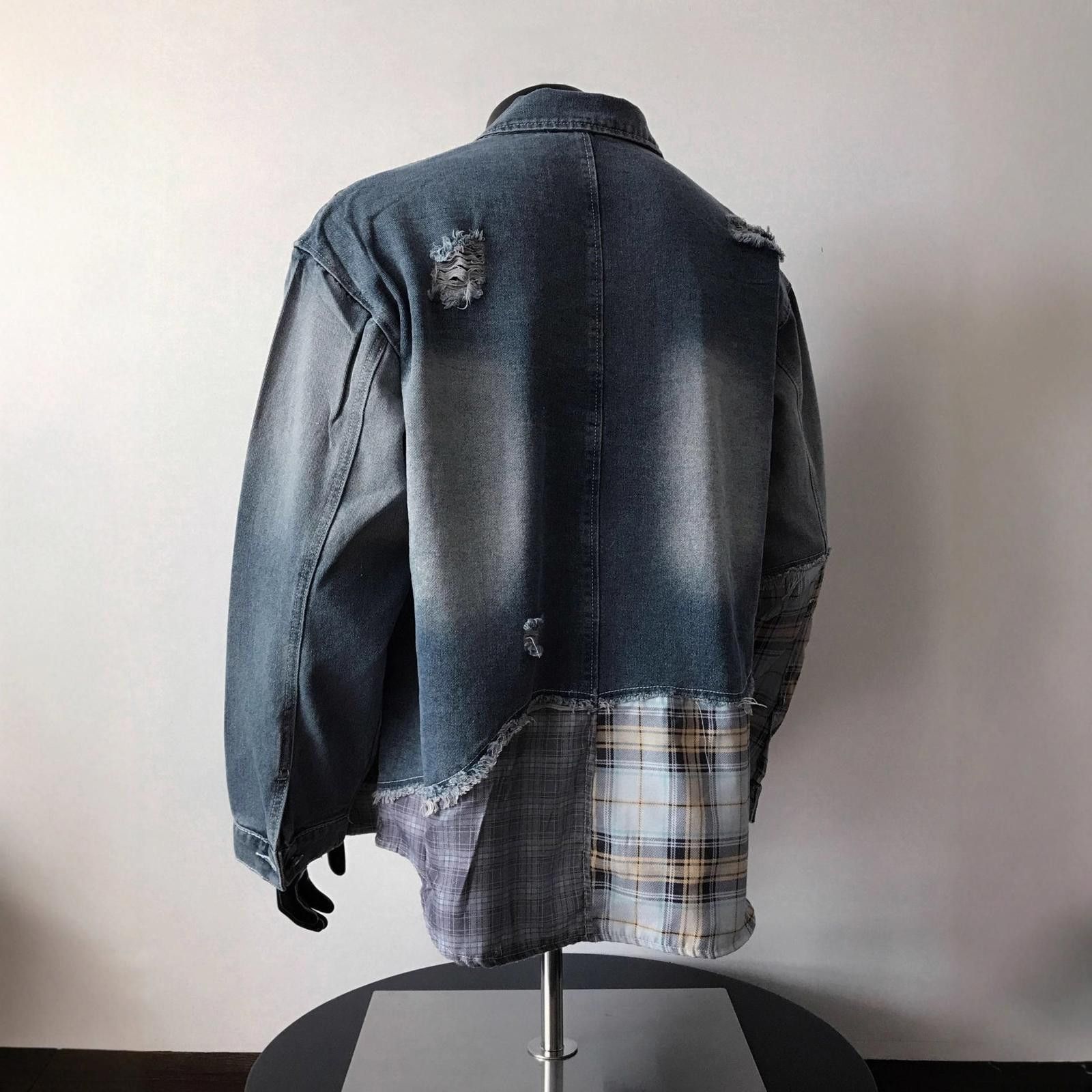 Vintage Blue Distressed Plaid Patchwork Denim Jacket Size US M / EU 48-50 / 2 - 4 Thumbnail