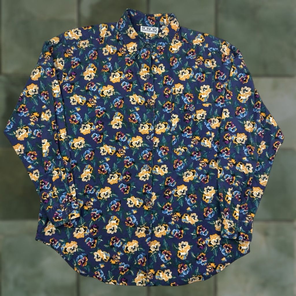 Vintage VINTAGE Honors Floral Button-Up Shirt Womens Large Blue Flowers 90s Y2K Ladies Long Sleeve Collared Shirt Size L / US 10 / IT 46 - 1 Thumbnail