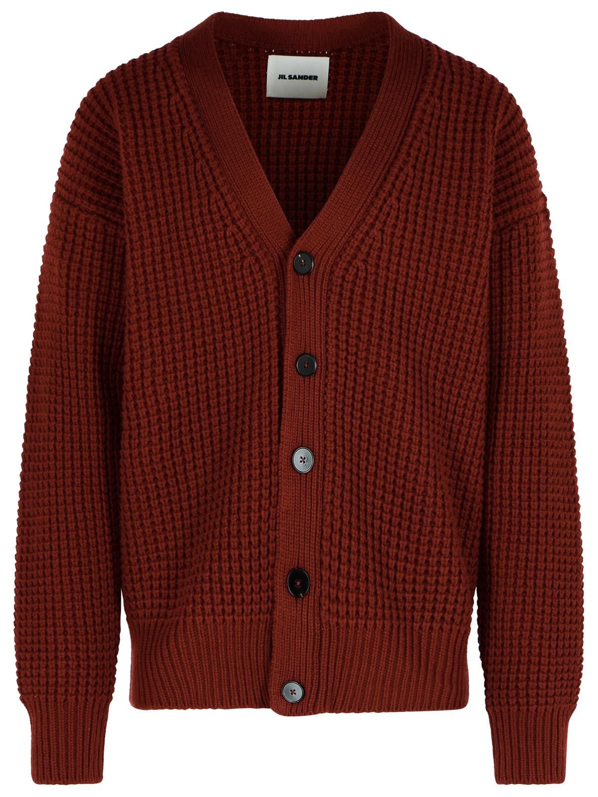 JIL SANDER Burgundy Virgin Wool Cardigan