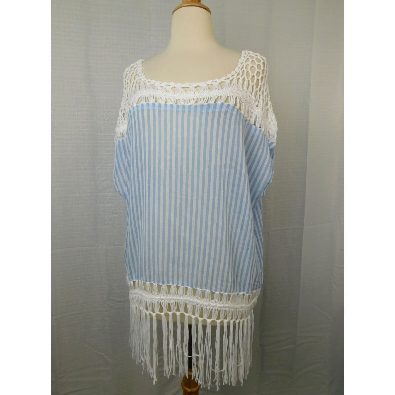 Steve Madden Steve Madden Crochet Cotton Beach Tunic Swim Cover-up Chambray Stripe One Size Blue Women Cover Up Shirt Womens Beach Cover-Up Size ONE SIZE - 4 Thumbnail