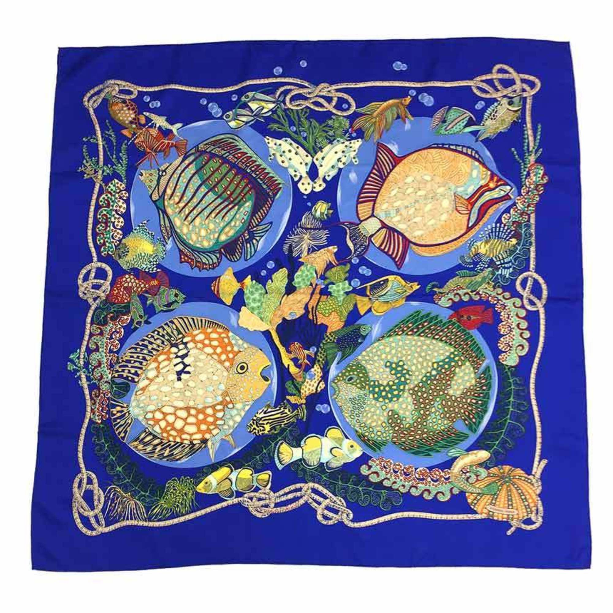 image of Hermes Scarf Muffler Carre 90 100% Silk Grands Fonds Deep Sea Fish Pattern Blue Hermes Aq6329, Wome