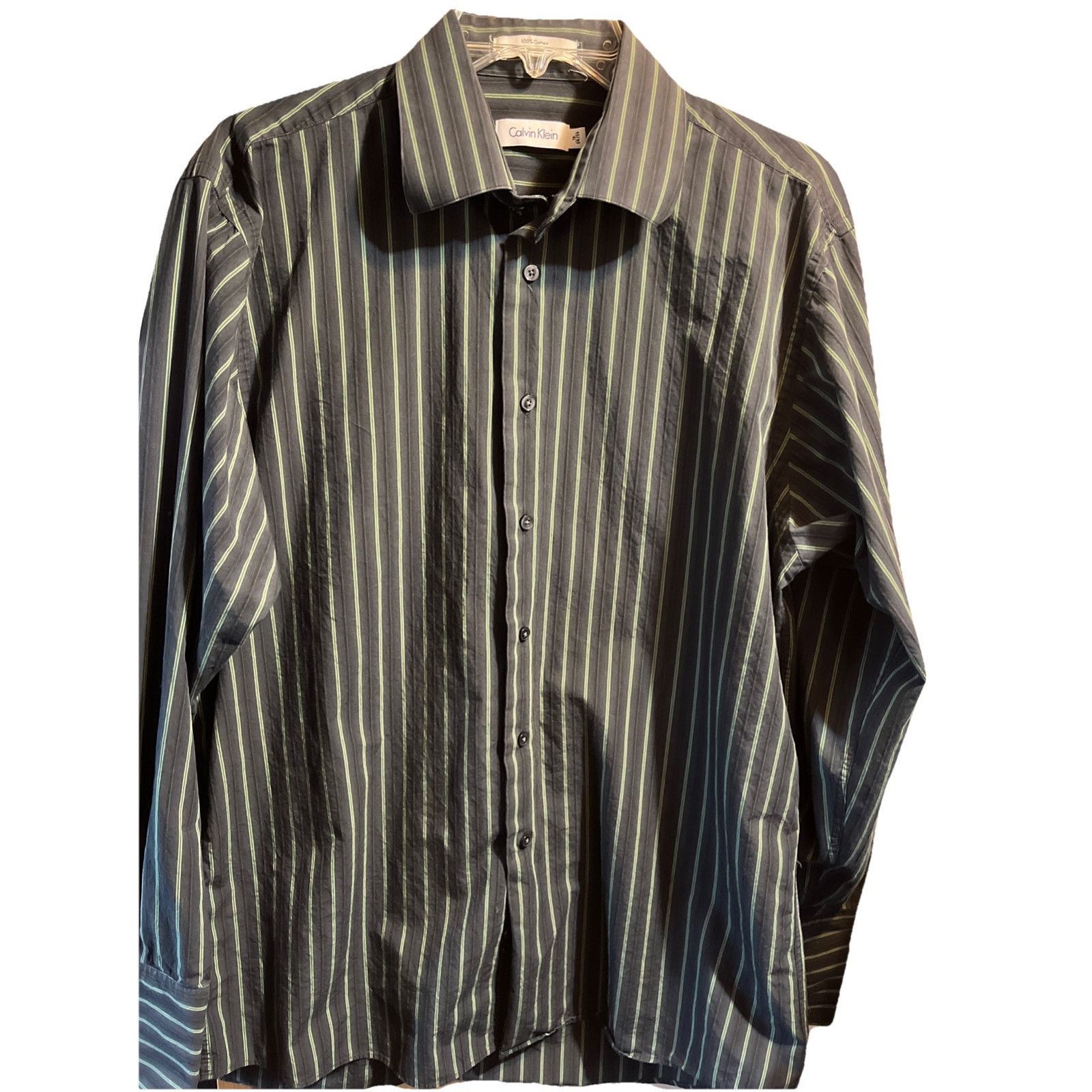 Calvin Klein Calvin Klein Men 16 34/35 Black Green Stripe LS Cotton Shirt Size US L / EU 52-54 / 3 - 1 Thumbnail