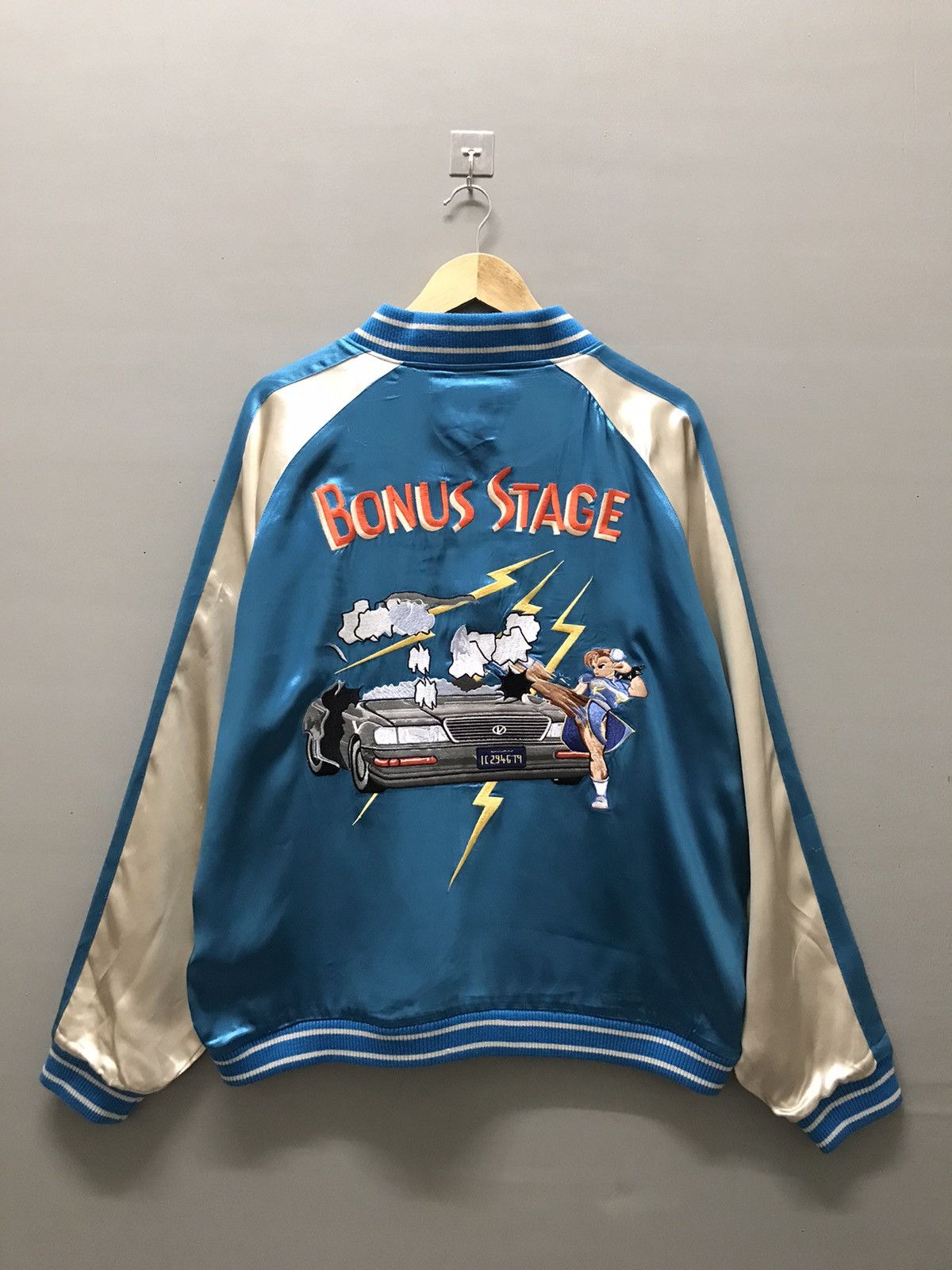 image of Street Fighter 2 Chun Li Bonus Stage Rayon Sukajan Jacket in Blue Silver, Men's (Size 2XL)