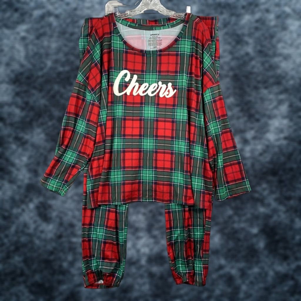 Vintage JOYSPUN Pajama Set Womens 3X 22W 24W Red Green Plaid Holiday Cheers Size ONE SIZE - 1 Thumbnail