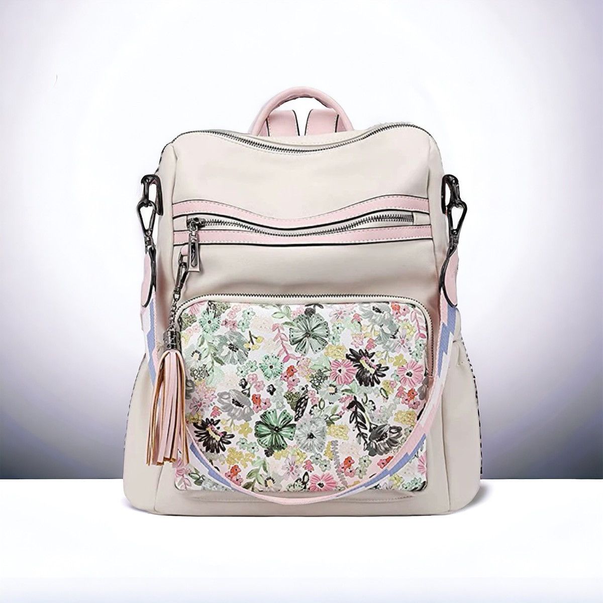 CLUCI pale pink floral vegan leather backpack display picture 1