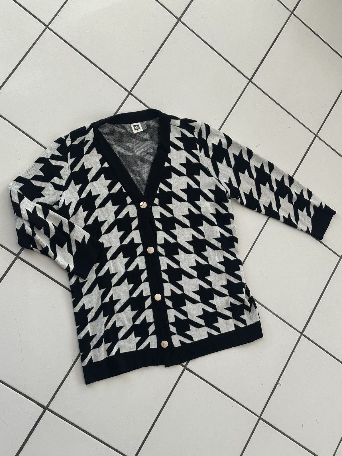 Anne Klein Anne Klein Houndstooth Pattern Knit Button Up Sweat Jacket Size L / US 10 / IT 46 - 1 Thumbnail