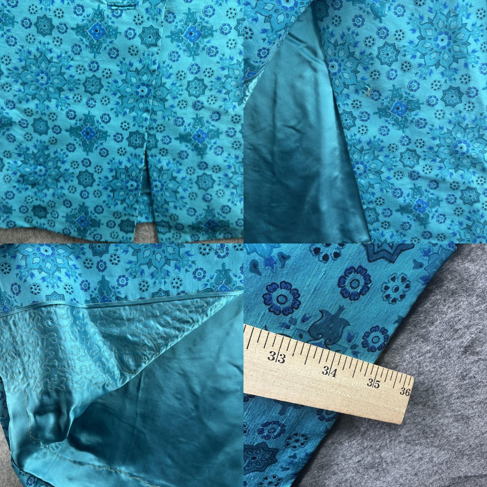 Vintage VINTAGE Bonwit Tailors Coat Womens M Turquoise Blue Floral Brocade 60s Overcoat Silk Lined Button Front Notched Collar Pockets Size M / US 6-8 / IT 42-44 - 9 Thumbnail