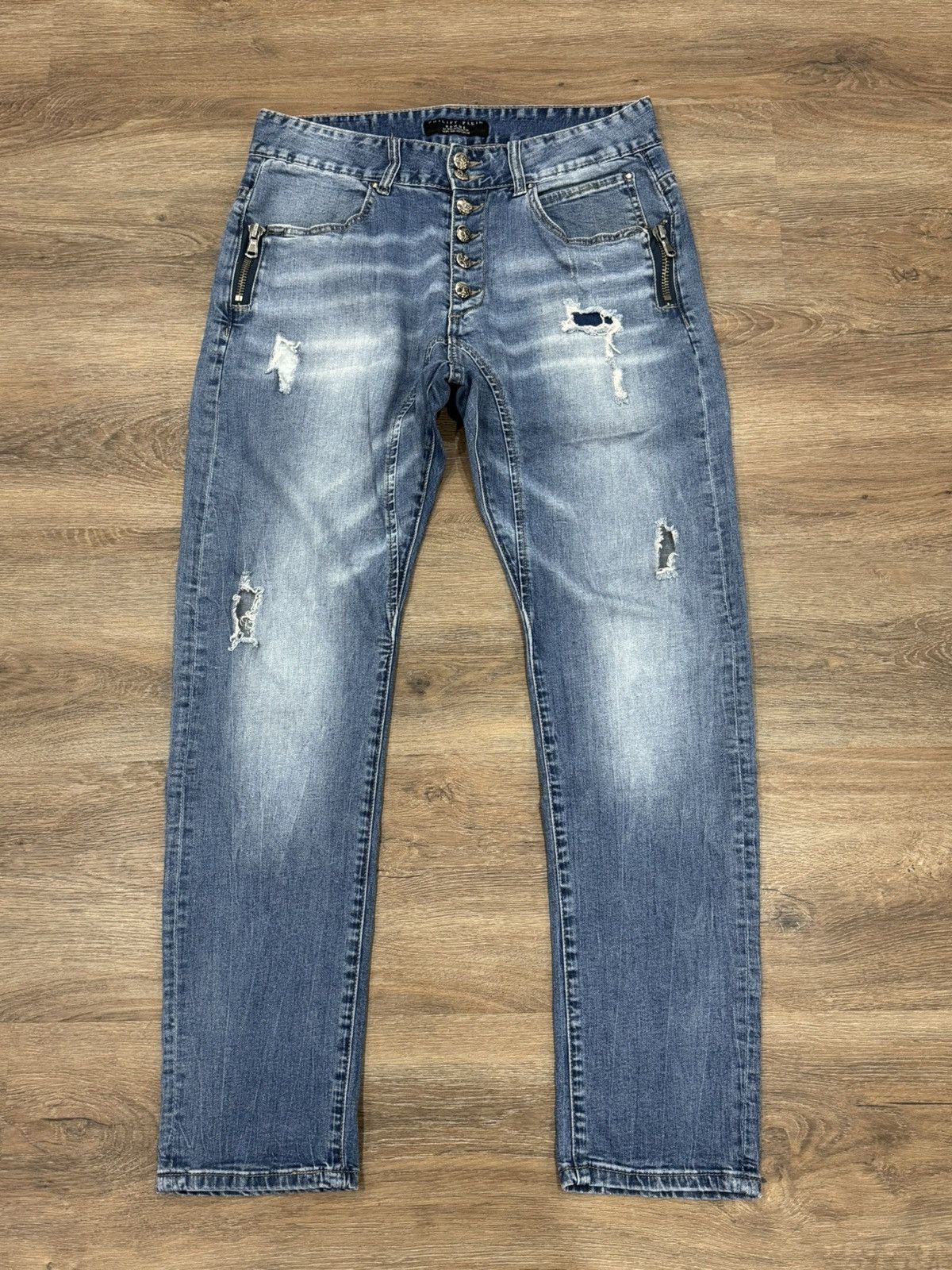 Philipp Plein Philipp Plein Distressed Denim Jeans Multi Button Zip Detail Size US 31 - 1 Thumbnail