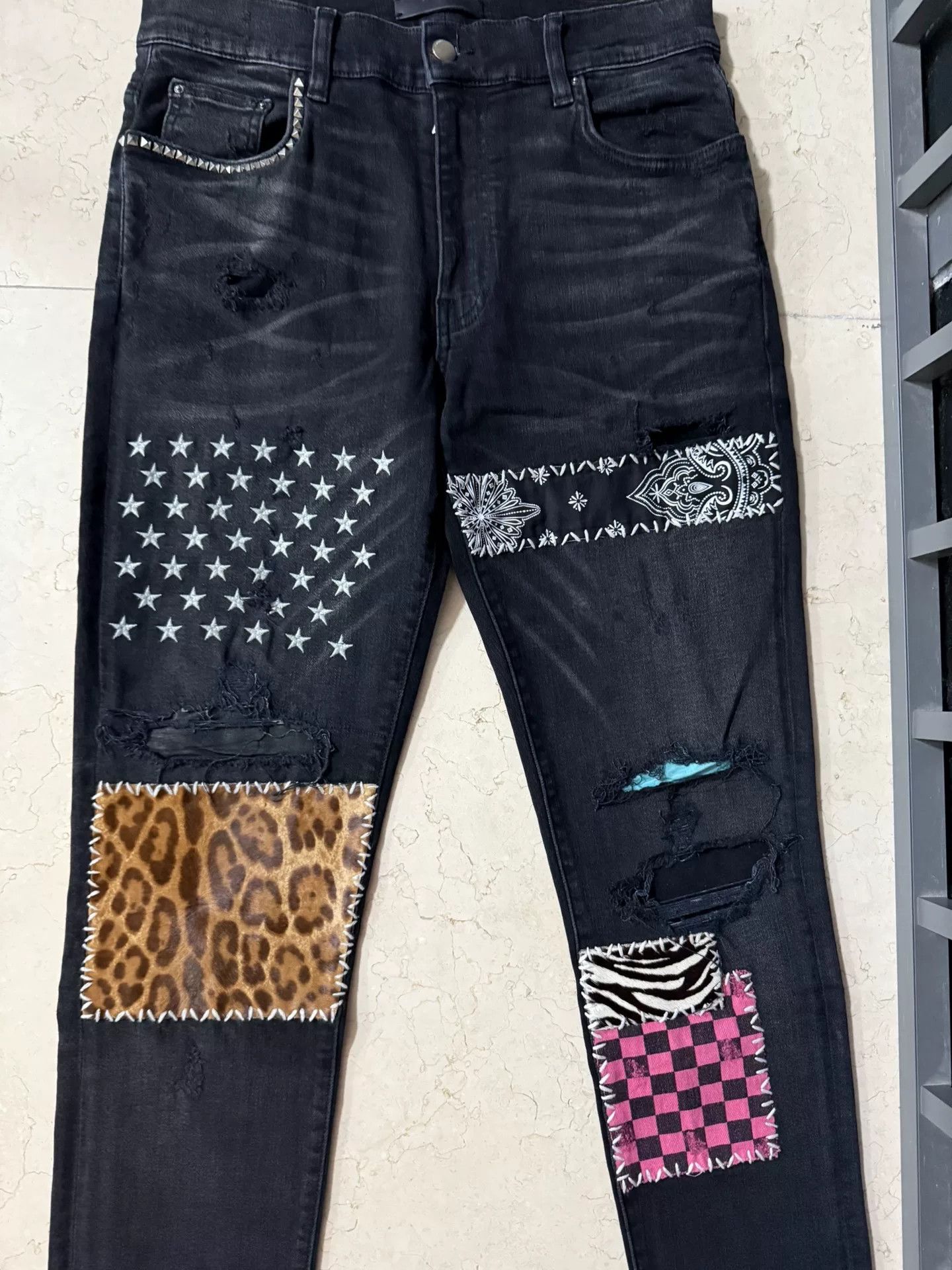 Amiri Amiri Black Patchwork Pattern Denim Pants Size US 33 - 2 Thumbnail