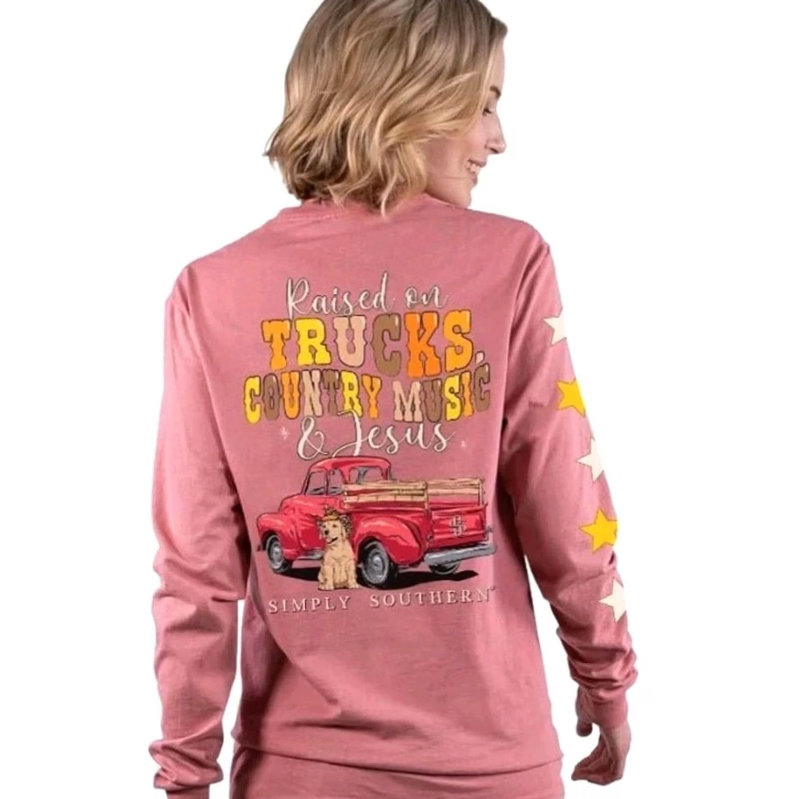 Vintage Simply Southern Raised On Trucks, Country Music, & Jesus Women's Long Sleeve T-Shirt Size L / US 10 / IT 46 - 2 Thumbnail
