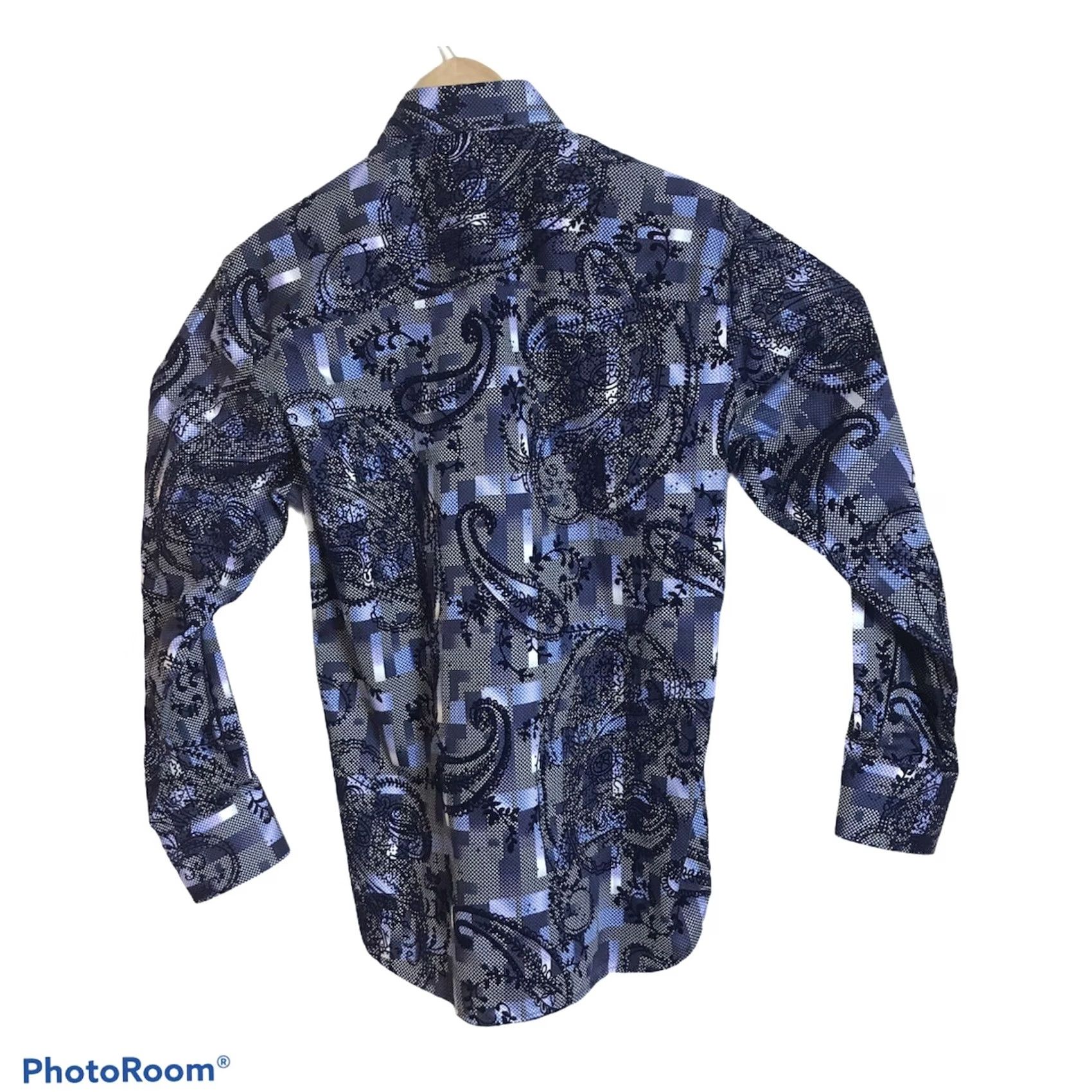 Vintage VISCONTI BLACK Shirt Mens Small FLOCKED Paisley Geometric LS Blue NEW Size US S / EU 44-46 / 1 - 4 Thumbnail