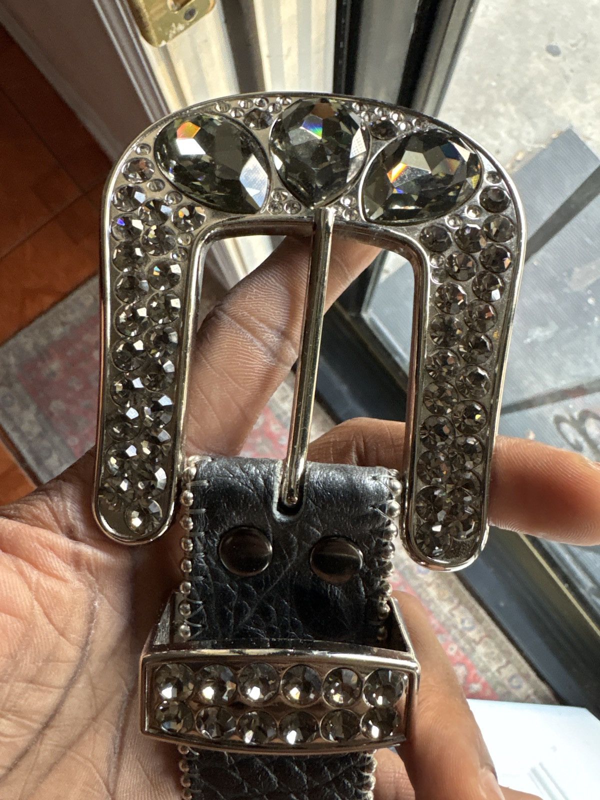 B.B. Simon b.b. Simon Silver Studded Leather Crystal Belt. Size 30 - 9 Thumbnail
