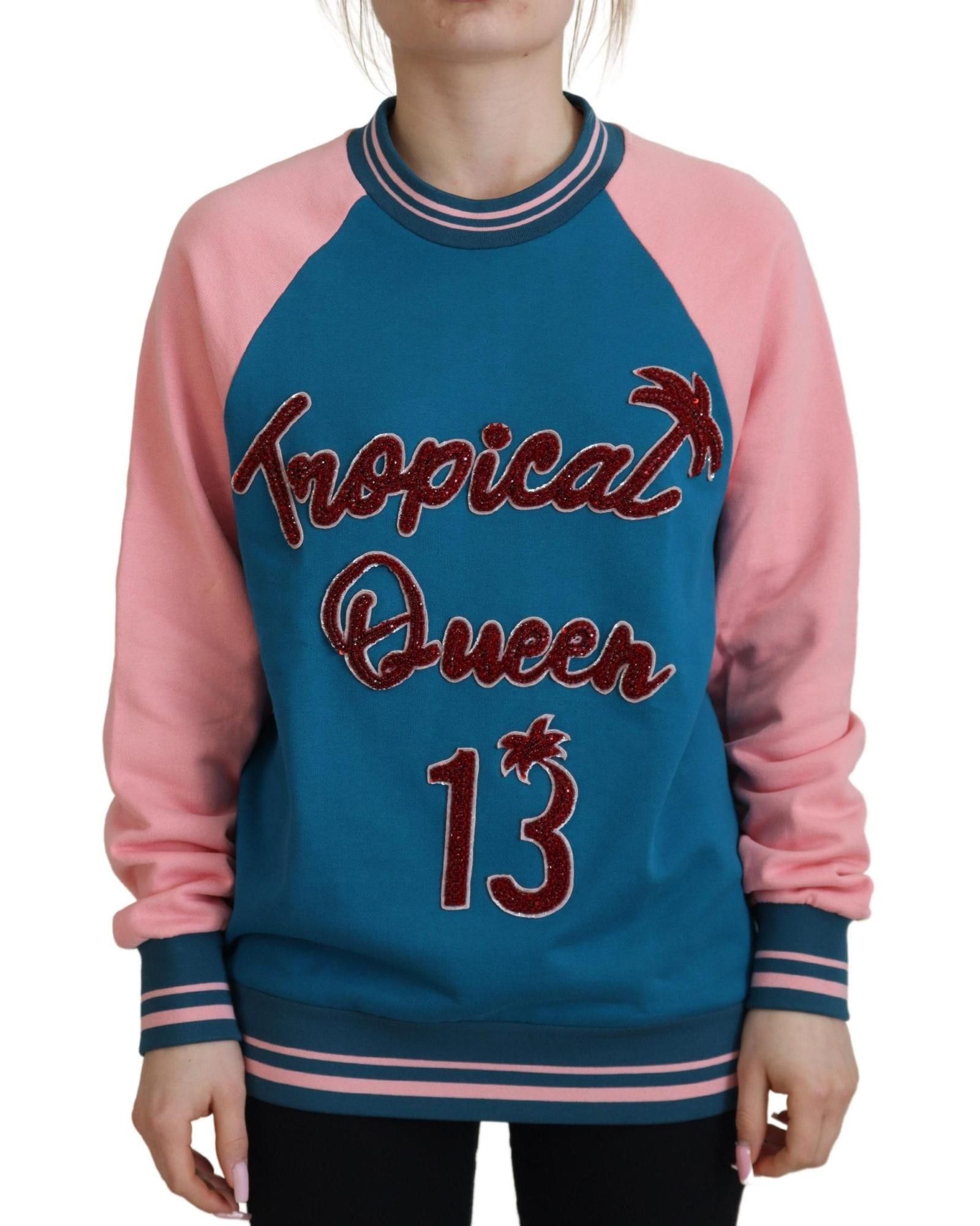 image of Dolce Gabbana Sequin Tropical Queen Sweater in Blue, Women's (Size Large)