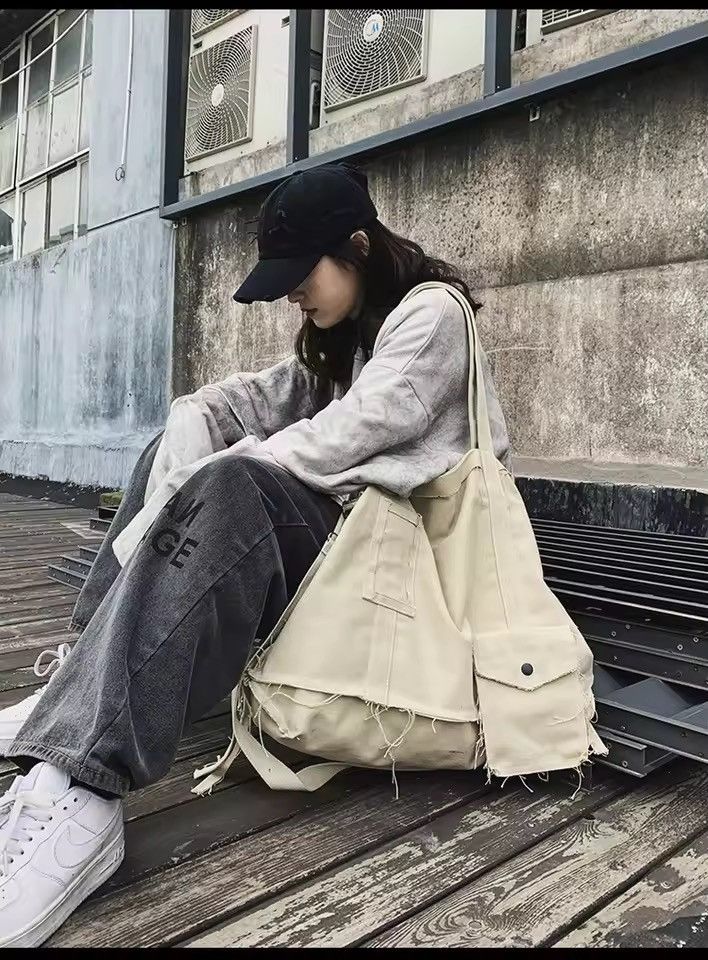 Japanese Brand Large Canvas Messenger Bag y2k japanese style alt faded Size ONE SIZE - 8 Thumbnail