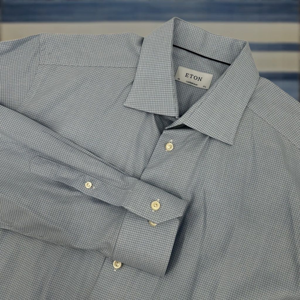Eton Eton Dress Shirt Light Blue Micro-Houndstooth Cotton Lyocell Blend 17.5 44 Mens Size US XXL / EU 58 / 5 - 1 Thumbnail