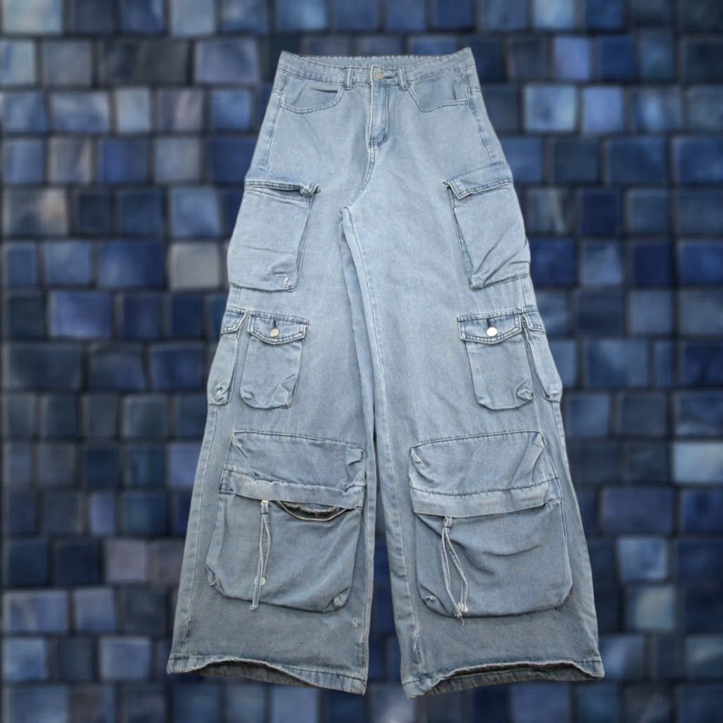 Vintage Elfric Eden Women's Wide-Leg Cargo Jeans Skater Grunge Size 26 Blue Size 26" / US 2 / IT 38 - 1 Thumbnail