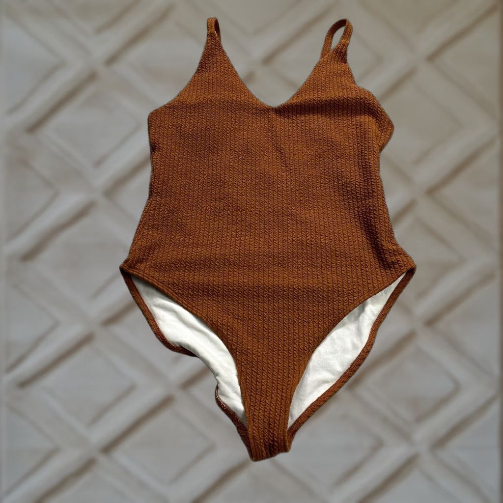 Vintage Unbranded One Piece Bathing Suit Women L Spaghetti Strap Brown Beach Swimwear Pool Bathing Suit Bikini Bottom Top Solid Vintage No Size L / US 10 / IT 46 - 1 Thumbnail