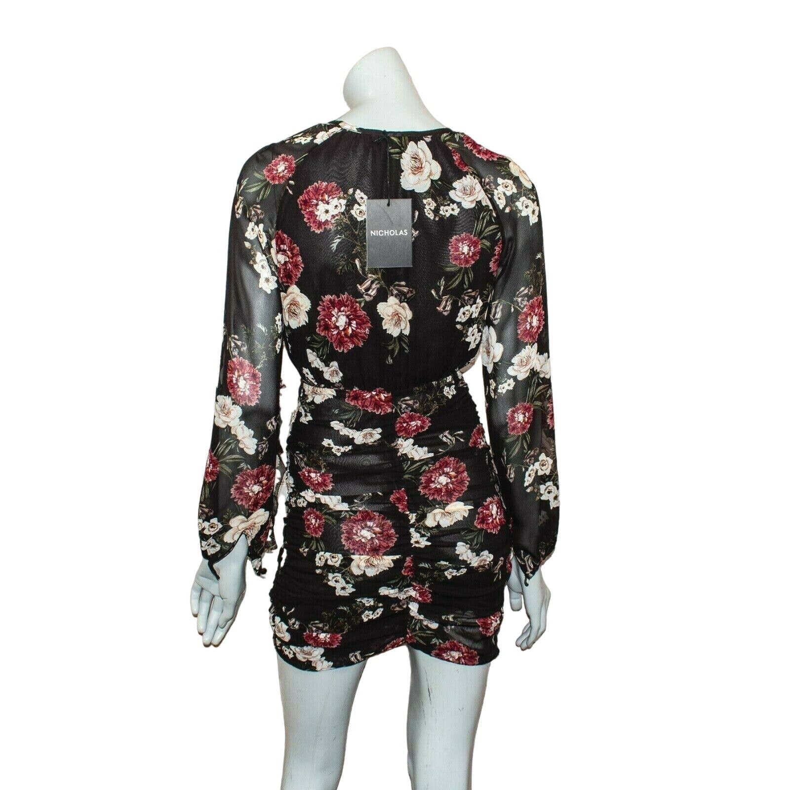 NICHOLAS NICHOLAS Black Burgundy Floral Cascade Ruched Mini Dress Size XS / US 0-2 / IT 36-38 - 6 Thumbnail
