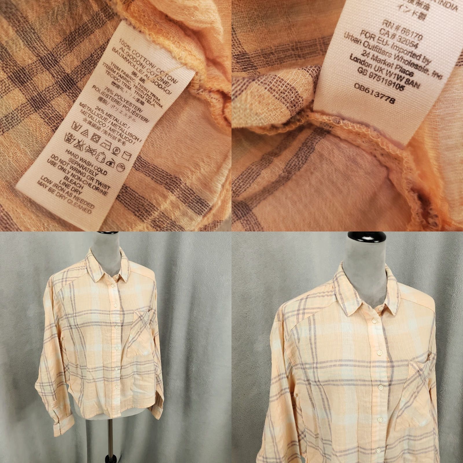 Free People Free People Blouse Shirt Oversized Dolman Batwing Peach Plaid Gauzy Boho Button Up Multicolor Long Sleeve Collared 100% Cotton Casual Womens M Size M / US 6-8 / IT 42-44 - 8 Thumbnail
