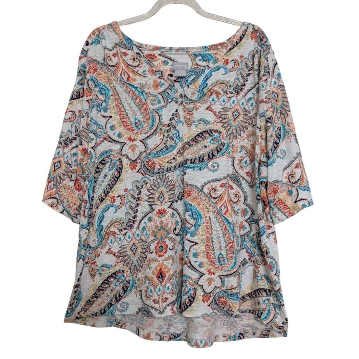 Designer Chicos 3 Paisley Boho Shirt Size XL White Cotton Modal Short Size XL / US 12-14 / IT 48-50 - 1 Thumbnail