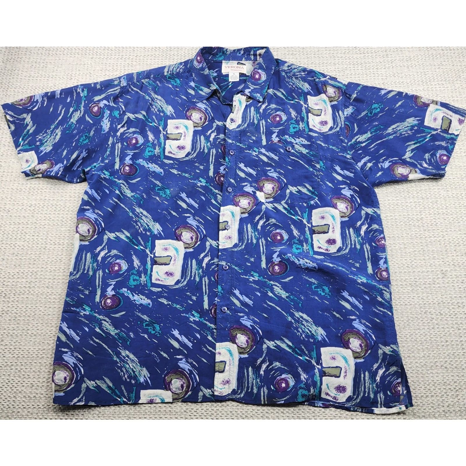 Merona VINTAGE Verona Original Shirt Mens XL Blue 100% Silk Short Sleeve Button Up Abstract Graphic Print 90s Beach California Hawaiian Size US XL / EU 56 / 4 - 2 Thumbnail