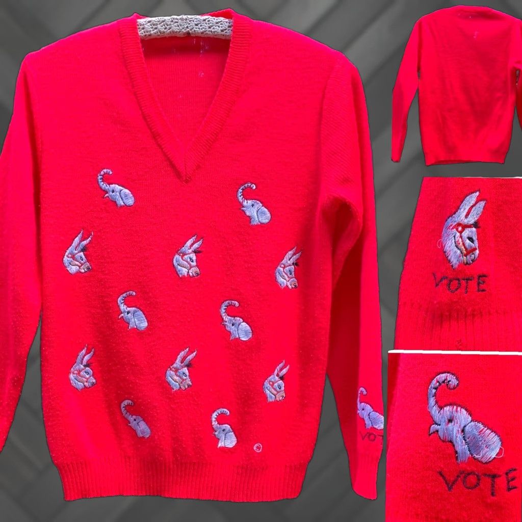 Vintage VINTAGE Donkey Elephant Vote V-Neck Sweater Long Sleeve Red Embroidered Pullover Women S Small Unbranded Knit Popover Size S / US 4 / IT 40 - 1 Thumbnail