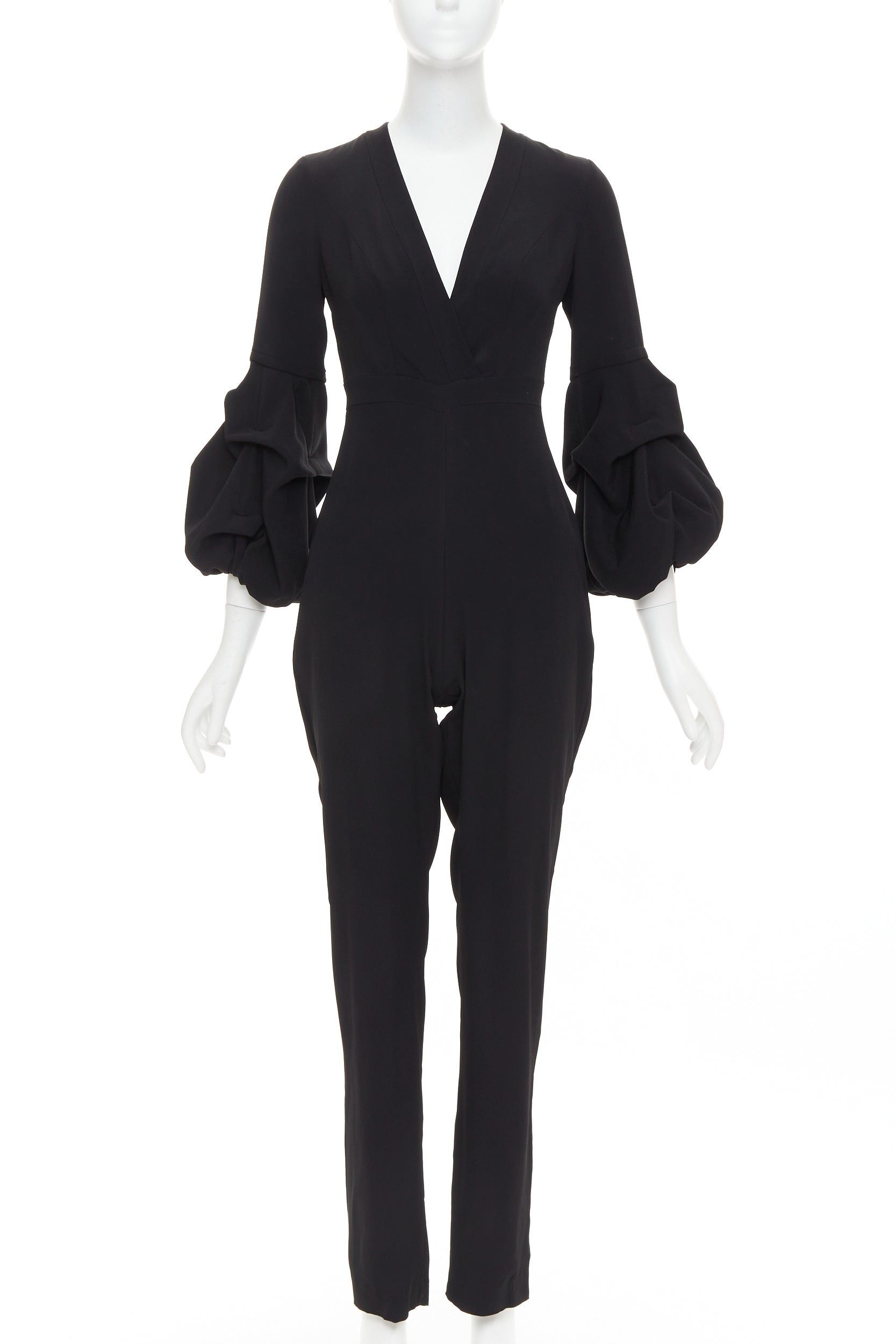 ALEXIS ALEXIS Maximila ruched sleeves skinny leg crepe black tapered jumpsuit XS Size 26" / US 2 / IT 38 - 1 Thumbnail